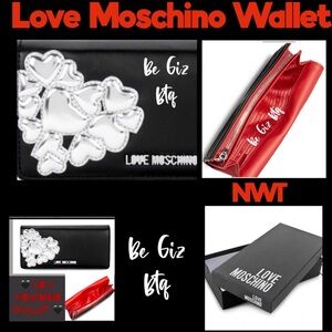 NWT Love Moschino Authentic Metallic Hearts Wallet Black And Silver